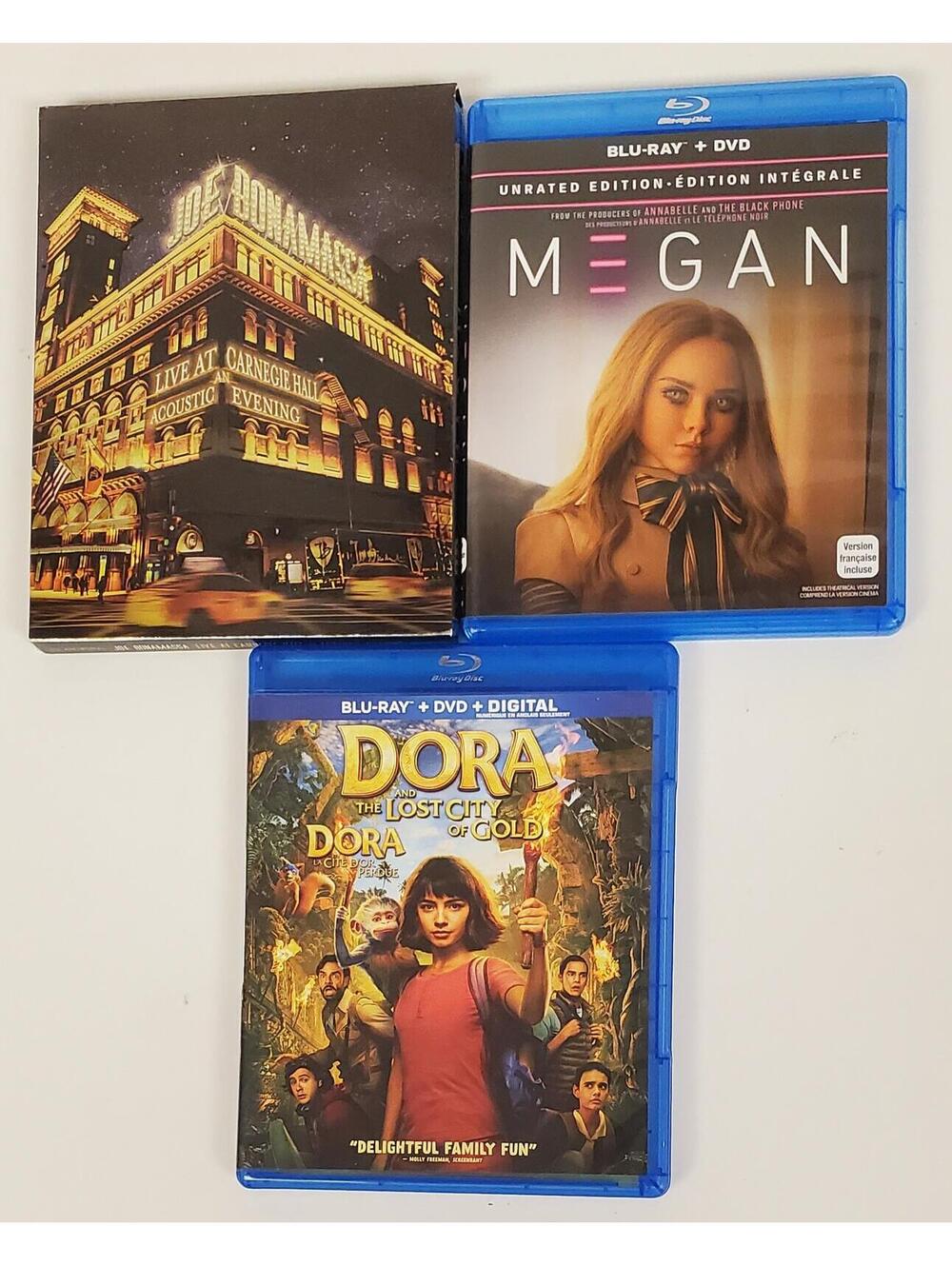 3-Film Blu-ray/DVD Lot: Megan, Dora and the Lost City of Gold, Joe Bonamassa VG